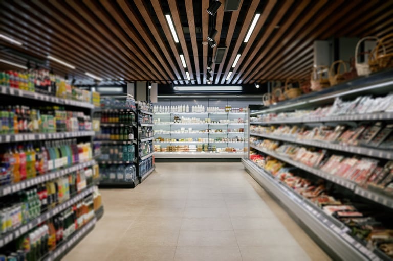 Well-organized grocery store shelves at Ben Brown Foods