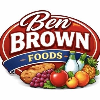 Ben Brown Foods logo featuring red oval badge with bread, produce, milk bottle and various fresh foods